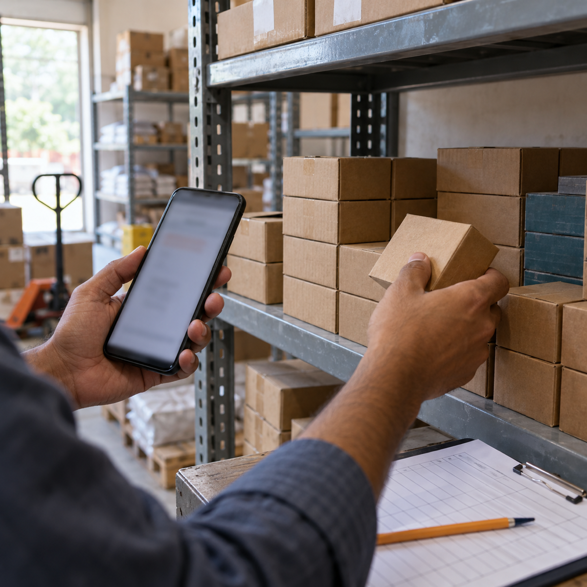 Illustrative warehouse scene showing hands counting boxed goods beside a phone and a paper count sheet.